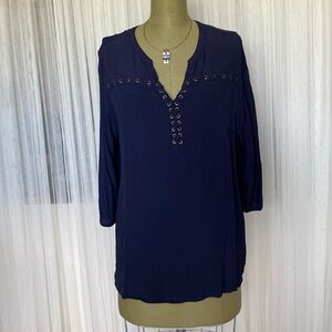 Reitmans viscose dark blue tunic, top, blouse, casual grommets detail! Size 2X